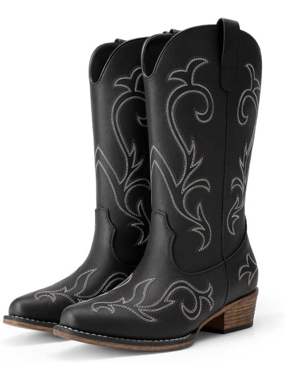 DREAM PAIRS Women's Classic Black Square Toe Western Cowgirl Mid Calf Boot Shoes